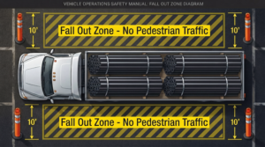 United Pipe safety fall out zone diagram showing 10 foot unloading clearance around flatbed pipe delivery with no pedestrian traffic